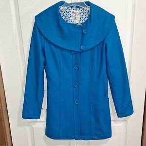 Tulle Anthropologie Wool Fitted Pea Car Coat-Dramatic Collar-Teal/Turquoise-S